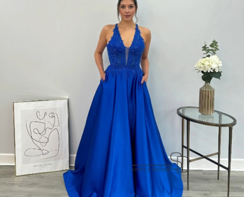Blue satin prom dress with lace bodice and lace up back