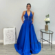 Blue satin prom dress with lace bodice and lace up back
