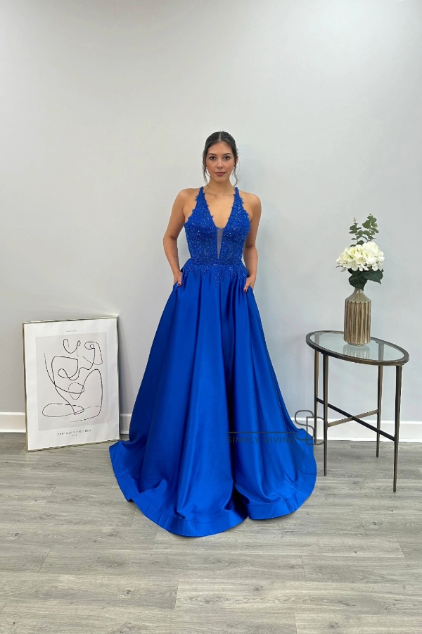 Blue satin prom dress with lace bodice and lace up back