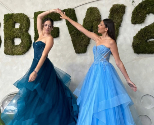 Layered prom dress, strapless teal