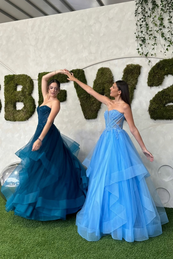 Layered prom dress, strapless teal