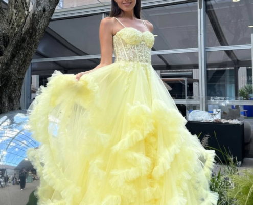 Lemon prom dress with fluffy ruffled skirt and embroidered bodice
