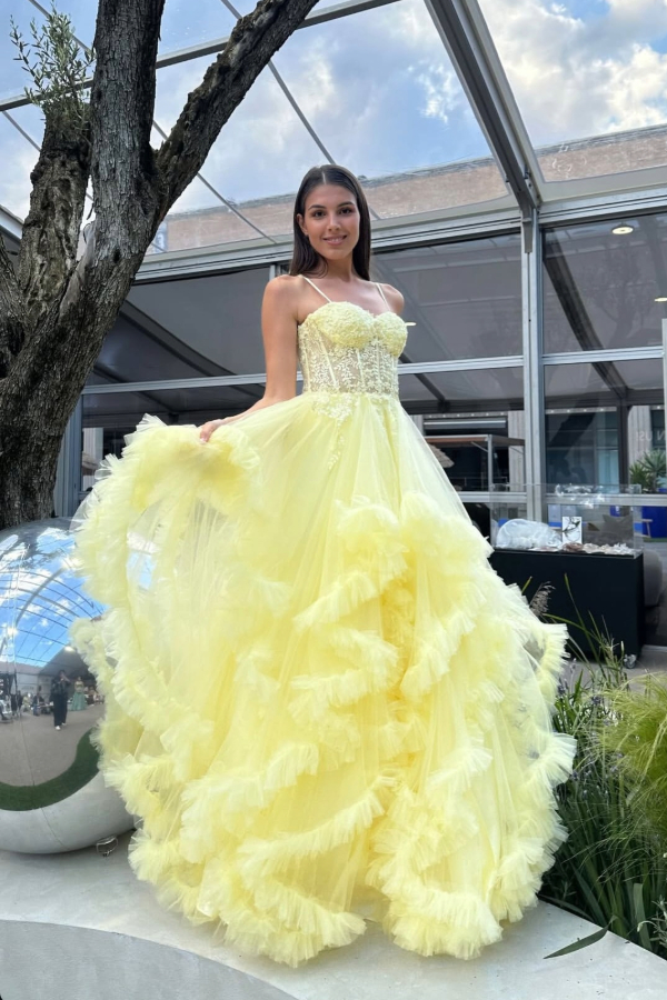 Lemon prom dress with fluffy ruffled skirt and embroidered bodice