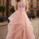 Layered prom dress in dusty pink with floral jewelled bodice and lace up back