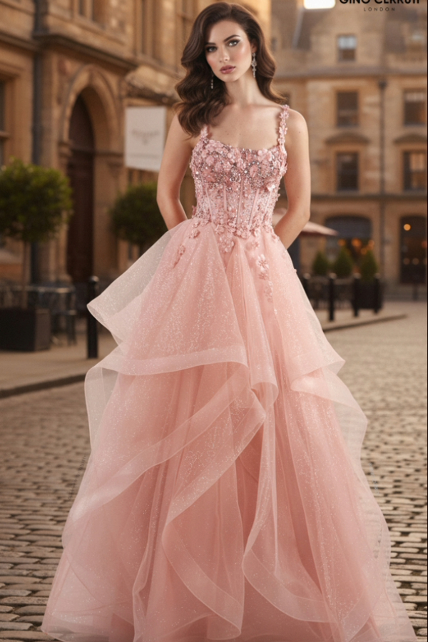 Layered prom dress in dusty pink with floral jewelled bodice and lace up back