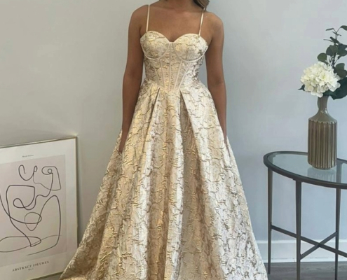 Gold jacquard prom dress with lace up back