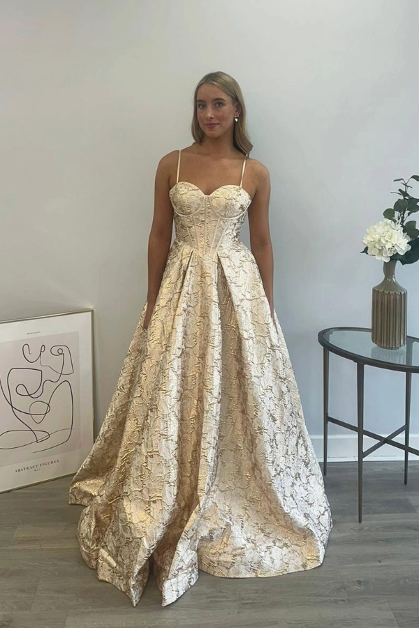 Gold jacquard prom dress with lace up back