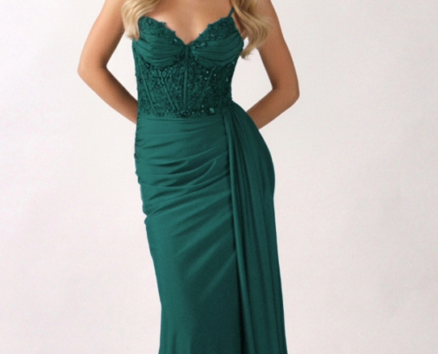 Slinky prom dress with beaded bodice and stretchy skirt