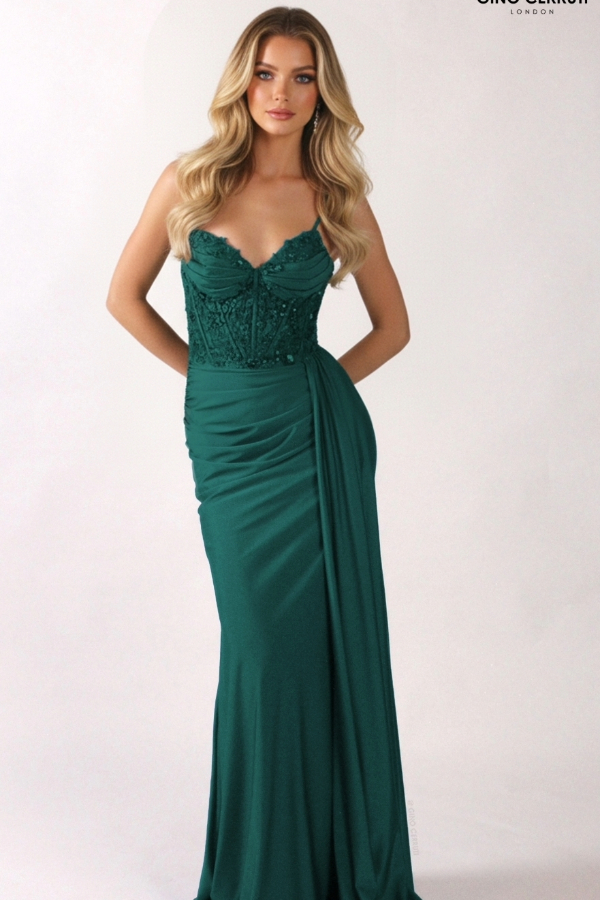 Slinky prom dress with beaded bodice and stretchy skirt