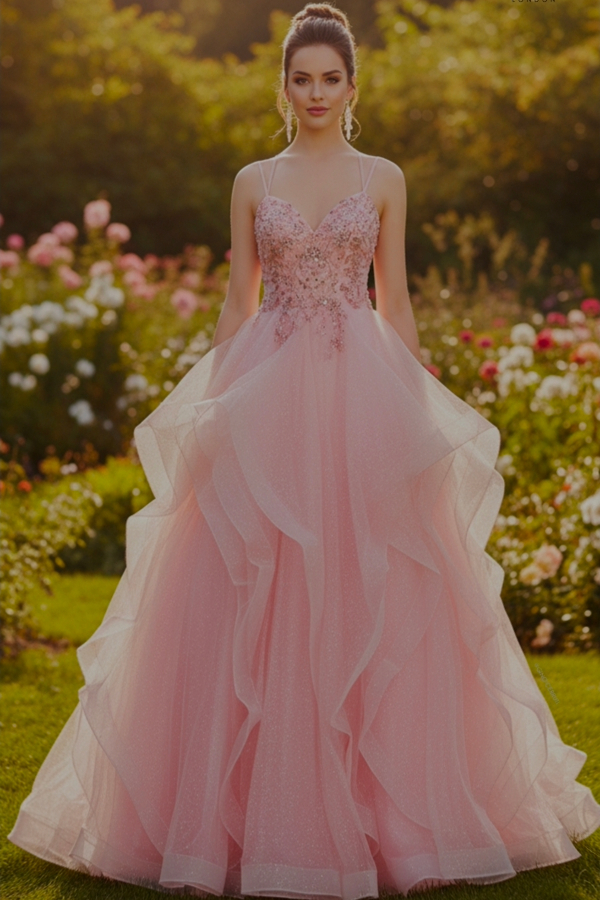 Princess prom dress with layered skirt and jewel bodice
