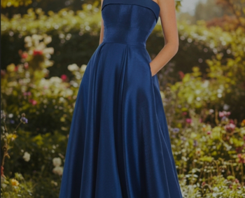 Satin strapless prom dress in midnight blue