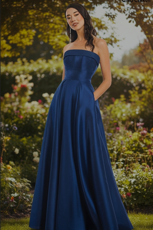 Satin strapless prom dress in midnight blue
