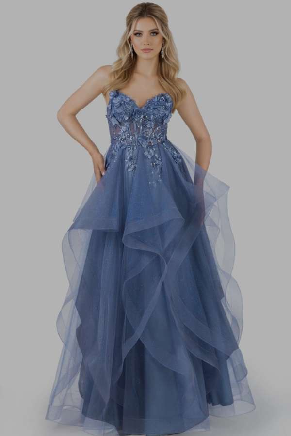 Layered prom dress with floral corset