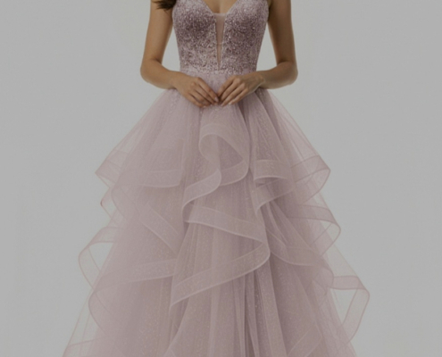 layered princess prom dress in light pink with beaded corset
