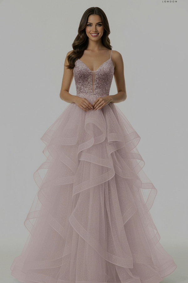 layered princess prom dress in light pink with beaded corset