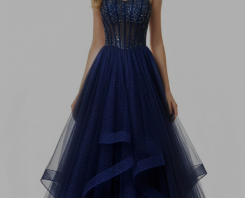 Navy layered prom dress with crystal corset