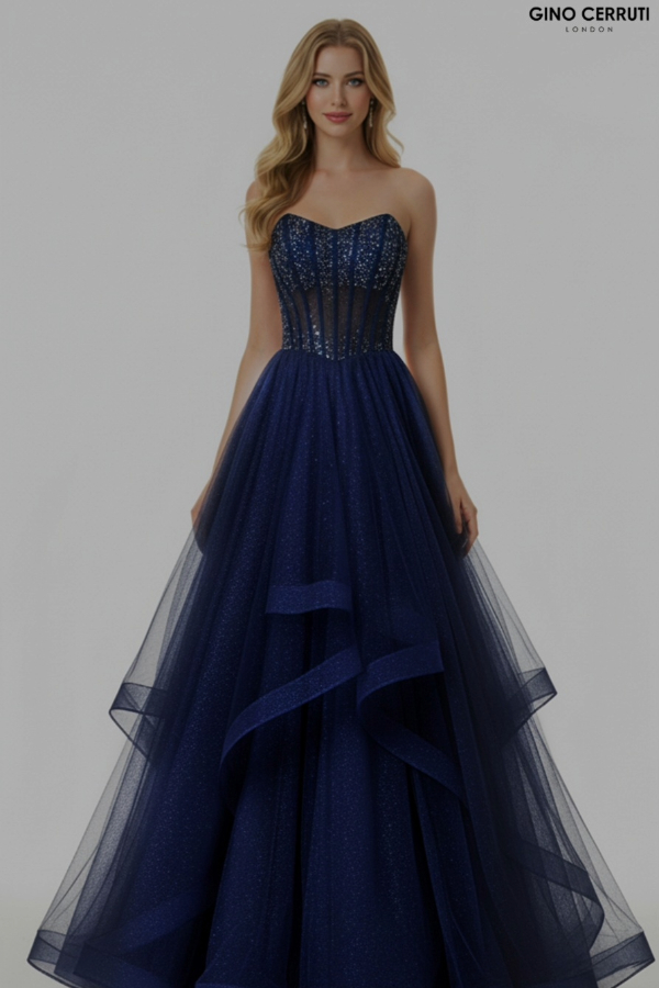 Navy layered prom dress with crystal corset