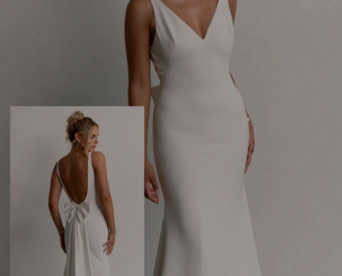 Fitted , mermaid style wedding dress with large bow by Tania Olsen