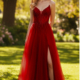 Red prom dress by gino cerruti with corset and front split