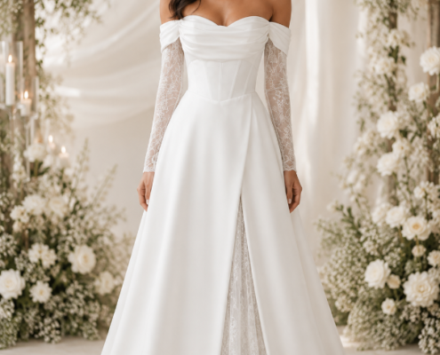 crepe satin wedding dress with lace insert and lace off the should sleeves