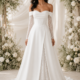 crepe satin wedding dress with lace insert and lace off the should sleeves