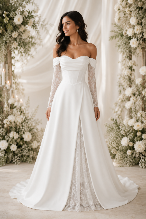 crepe satin wedding dress with lace insert and lace off the should sleeves