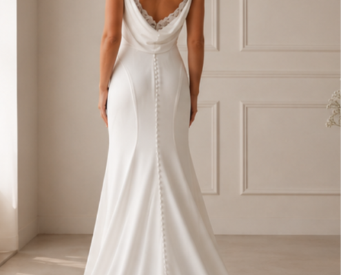 Cowl back wedding dress with lace insert