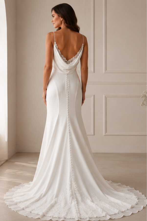 Cowl back wedding dress with lace insert