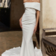 Fitted wedding dress with bardow neckline in crepe