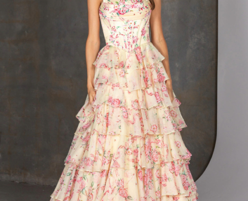 Patterned layered prom dress with floral pattern and boned corset bodice