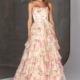 Patterned layered prom dress with floral pattern and boned corset bodice