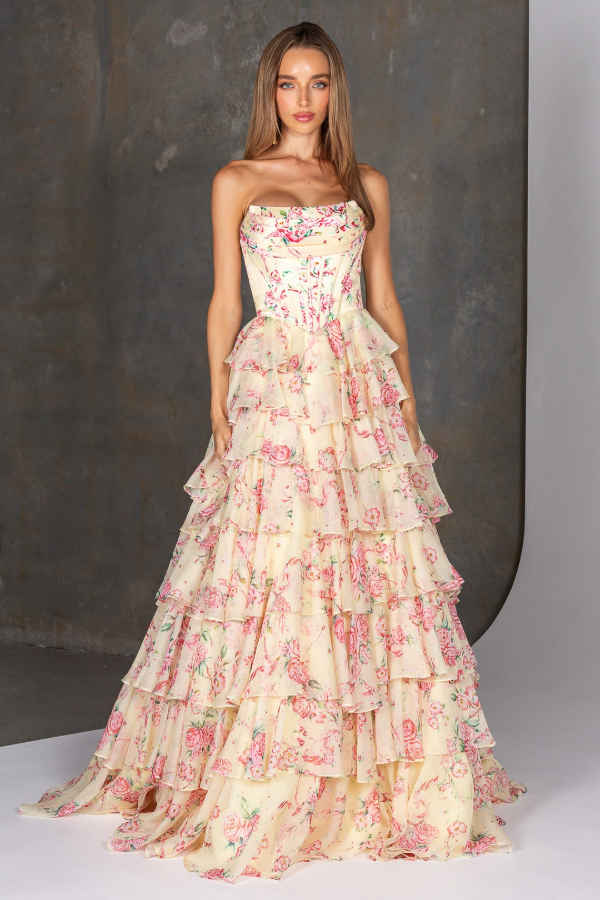 Patterned layered prom dress with floral pattern and boned corset bodice