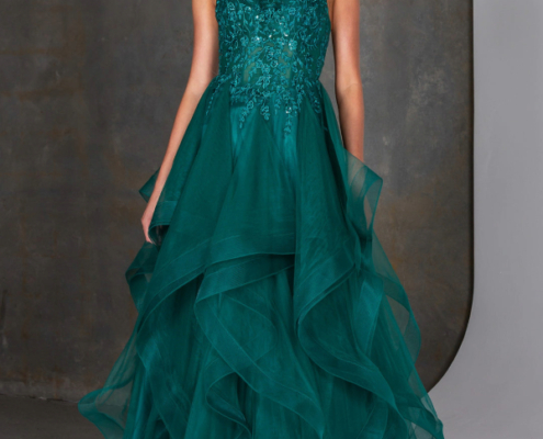 Layered prom dress with scoop neck and embellished bodice