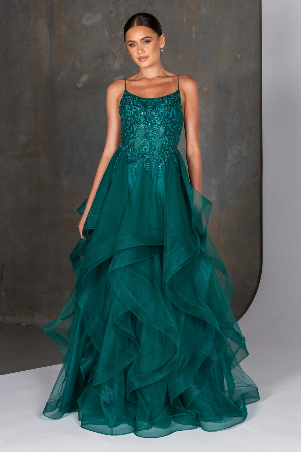 Layered prom dress with scoop neck and embellished bodice