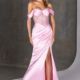 Off the shoulder slinky satin prom dress with boned corset