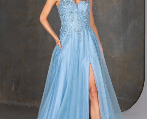 Floaty pale blue prom dress with lace and beaded bodices and front leg split.