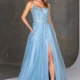 Floaty pale blue prom dress with lace and beaded bodices and front leg split.