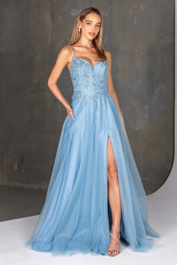 Floaty pale blue prom dress with lace and beaded bodices and front leg split.
