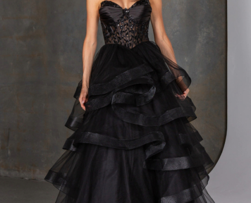 Layered princess prom dress with strapless bodice and jewel detail