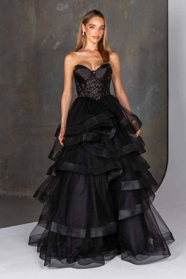 Layered princess prom dress with strapless bodice and jewel detail