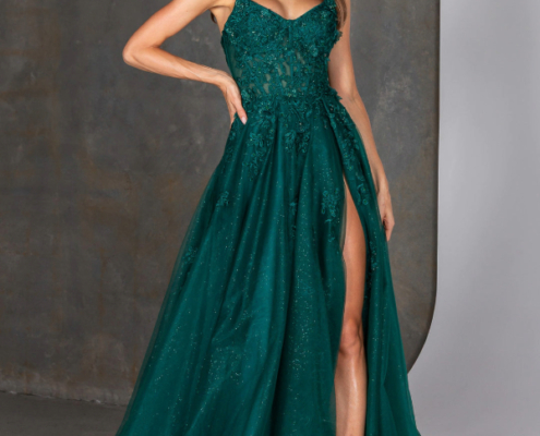 Emerald green prom dress with aline glitter skirt and lace bodice