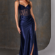 Slinky satin prom dress with leg split and beaded bodice detail