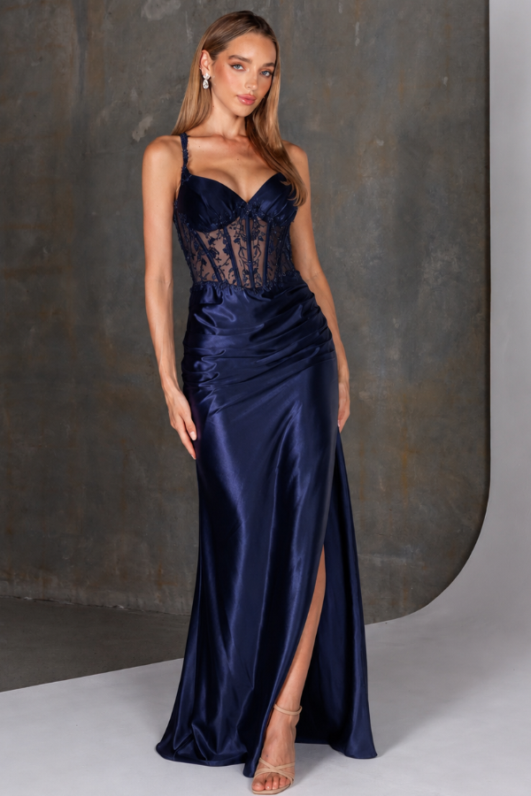 Slinky satin prom dress with leg split and beaded bodice detail