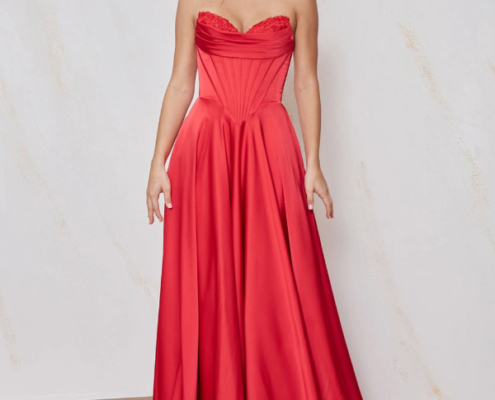 Boned corset, a-line satin prom dress