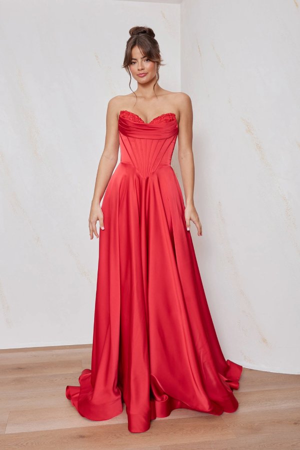 Boned corset, a-line satin prom dress