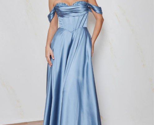 A-line satin prom dress with off the shoulder detail and boned corset