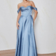 A-line satin prom dress with off the shoulder detail and boned corset