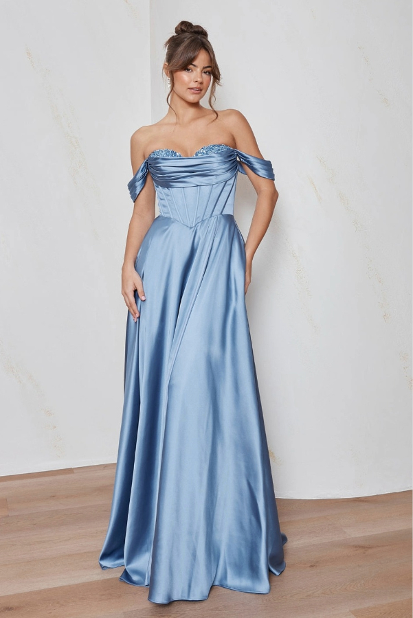 A-line satin prom dress with off the shoulder detail and boned corset