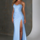 Slinky, stretch prom dress in pale blue with leg split and corset detail