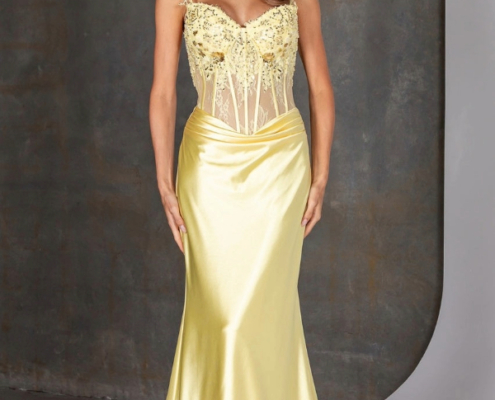 Lemon slinky satin prom dress with beaded bodice